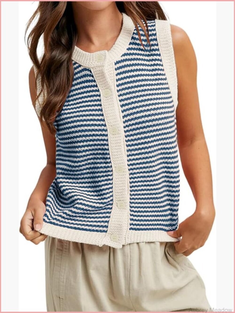 Sleeveless Striped Knit Sweater Vest Button Down Crew Neck Cotton